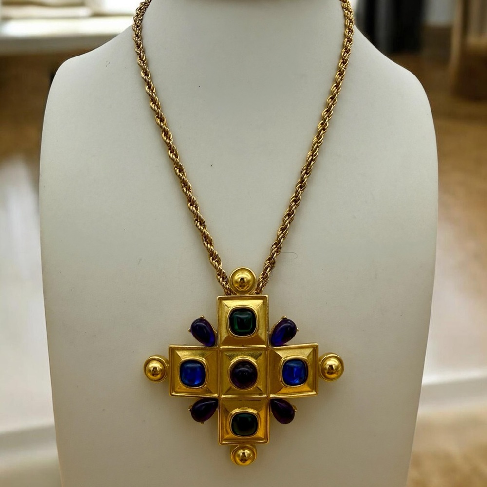 Vintage Trifari Gold-Tone Cross Pendant Necklace - Blue, Green and Purple Stones
